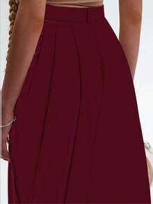 Women's Pleated Solid Color Casual Pants, Fashionable & Minimalist, Spring/Summer, Woven High-Density Matte Fabric 120G, Niche Design, Slimming Effect, Premium Quality - Burgundy - View 4