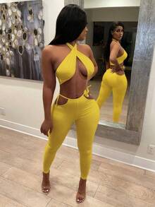 Sexy Tube Top Pullover Zweiteiliges Set Lange Hose Wünsche Neue Europäische und Amerikanische Stil Halterneck Lässig Einfarbig - Gelb - Übersicht 2