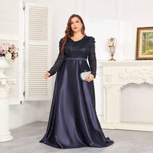 hezixi This High-Quality, Stretchy, Sequin V-Neck Long Sleeve Bodycon Dress Comes In A Full Size Range. With A Solid Color Design, It Exudes An Elegant And Luxurious Look That Highlights The Youthful Charm Of The Wearer. Suitable For Various Occasions Such As Parties, Graduations, Weddings, Events, Banquets, And Balls. This Formal Ball Gown (Deluxe Version) Can Also Be Worn As A Party Dress, Wedding Guest Dress, Or Ball Gown. - Navy Blue - View 11