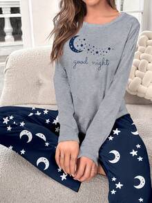 Gray Long Sleeve & Pants Printed Pajama Set For Women - Grey - View 1
