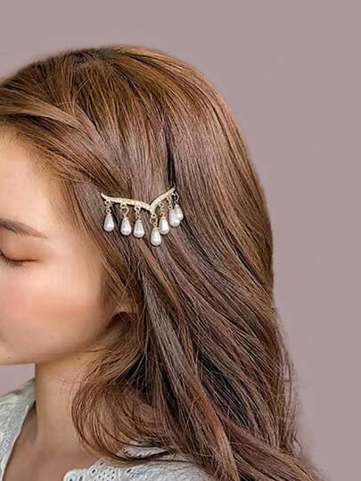 1pc V-Shape Rhinestone Tassel & Faux Pearl Hair Clip Claw Clips Hair Claws Hair Barrettes, Hair Accessories, Head Accessories