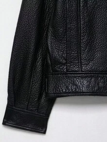 Seelio Autumn/Winter New Women's Fashion European And American Style Drop Shoulder Textured Faux Leather Jacket - Black - View 5
