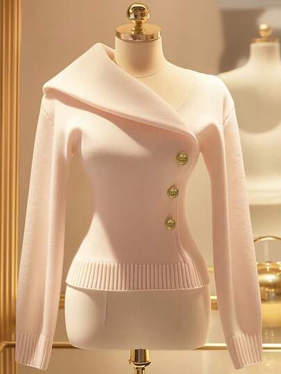 Women's Elegant Casual Knitted Pullover Sweater With Large Lapel, Single-Breasted Metal Button Design, Comfortable Solid Color Ribbed Asymmetric/Asymmetrical Hem, Autumn/Winter
