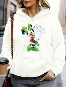 Disney Women Hoodie White Minnie Mouse Christmas Snowflake Print Casual Winter Outfit - 白色 - 查看 1