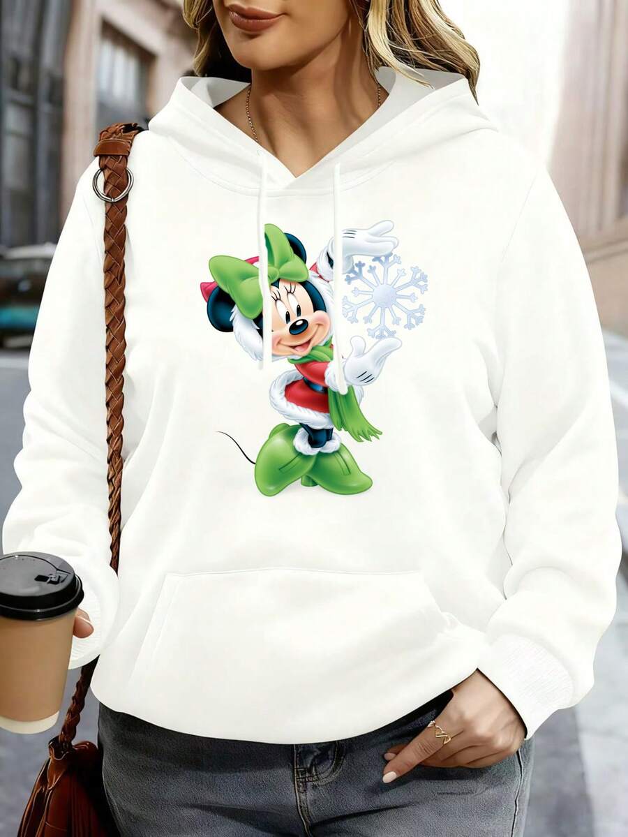 Disney Women Hoodie White Minnie Mouse Christmas Snowflake Print Casual Winter Outfit - 白色 - 查看 1