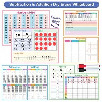 Lachilly 4PCS Double-Sided Math Dry Erase Whiteboard Set, Addition / Place Value / Ten Frames Learning Tool For Kids With Markers