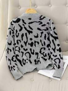 Cardigan de Tricô Vintage com Decote em V na Moda para Mulheres, Suéter de Manga Longa com Contraste de Cor e Estampa de Leopardo por Toda Parte, Fechamento com Botões, Adequado para Uso Diário, Outono/Inverno