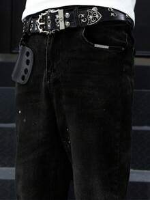 Slim Fit Stretch Denim Jeans, Distressed Washed Cotton Jeans, Versatile & Fashionable; Washed Denim Jeans With Slant Pockets, Lightweight Business Casual, Versatile; Straight Leg Casual Pants With Button & Zipper, Suitable For All Seasons - Black - View 7