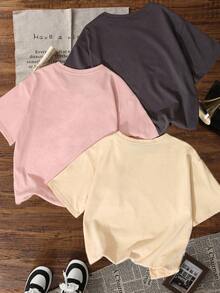 3件套夏季新款简约热带海滩丛林树影图案印花休闲圆领短袖T恤，时尚百搭女式上衣 - 深灰和粉紅色和杏色 - 查看 3