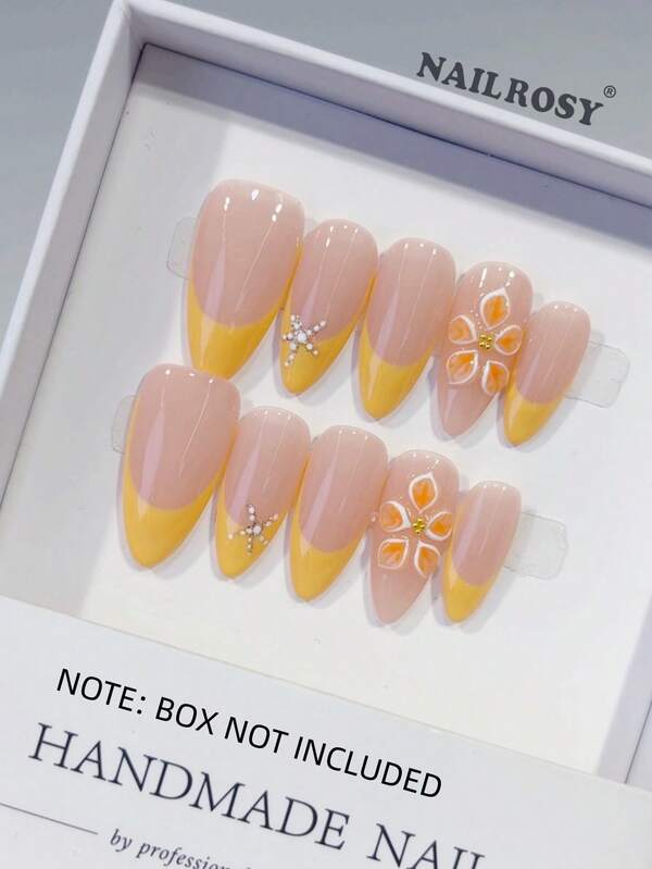 nailrosy 10 Unhas Postiças Acrílicas Artesanais Rosa e Transparente com Formato Amêndoa, Curtas, com Design Floral 3D, Ferramentas para Unhas Postiças para Casamento, Aniversário, Festa, Estilo Francês Fofo