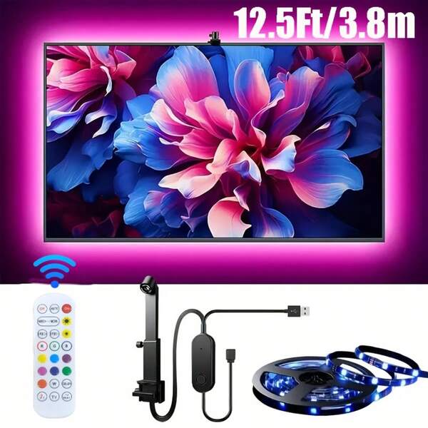 AMILL LED TV Backlight Strip, Smart Light With AR Color Gamut Sensor, Monochrome Selection, 12. 5ft/3. 8m (Suitable For 55-65 Inch Tvs), Music Synchronization, USB Power Supply, 24 Key Remote Control, Easy Installation, Suitable For Living Room And Game Room Decoration, Home Theater Setup, Entertainment Lighting, Modern Lighting, Sleek Design, Highquality Sensor, Durable LED Strip, Usbpowered Strip, Music Sync Light