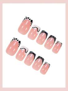 24片中号方形美甲贴纸，黑白法式美甲，斑马纹线条艺术极简风格，亮面全覆盖假指甲，适合女性和女孩日常佩戴，秋冬季美甲用品 - 彩色 - 查看 3