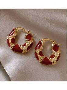 1 Pair Luxury Retro Enamel Drop Hoop Earrings, Suitable For Women To Wear Daily, Festivals, And Formal Occasions,Fashion Jewelry And Accessories - 紅色 - 查看 1