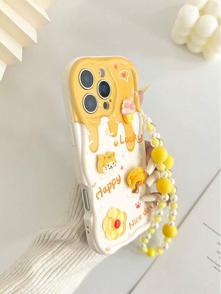 DIY Phone Case Shockproof Novelty Cases Yellow White Color Block Cream Glue  With 3D Cat Head Flower Ice Cream Faux Pearl Chain Wave Ripples Cartoon  Handmade Sticker Accessories Yellow Painted Cream Wavy