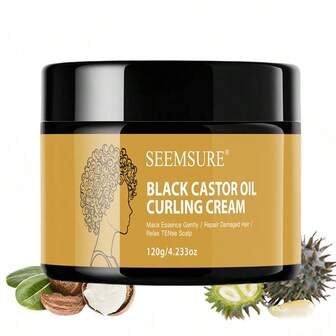  SEEMSURE 120g Black Castor Oil Curl Cream, Enriched With Moroccan Argan Oil - Long-Lasting Anti-Frizz Curls, Moisturizing Curl Elasticity Styling Hair Cream, Suitable For Dry And Curly Hair, Unisex
