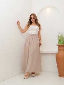 AMY FASHION STRIPED LENGTH SKIRT WITH SLIT AND BAG, THICK WAIST, 2025 FASHION - 卡其色 - 查看 3
