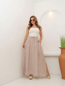 AMY FASHION STRIPED LENGTH SKIRT WITH SLIT AND BAG, THICK WAIST, 2025 FASHION - 卡其色 - 查看 7