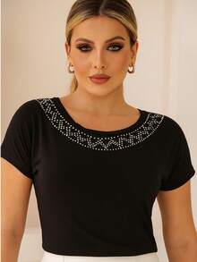 MODERN CASUAL BLOUSE WITH STRASS NECKLACE - 黑色 - 查看 1