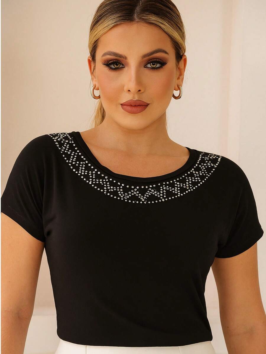 MODERN CASUAL BLOUSE WITH STRASS NECKLACE - 黑色 - 查看 1