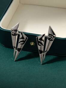 1 Pair Fashionable Punk Style Geometric Triangle Enamel Abstract Face Stud Earrings, Suitable For Women's Daily Wear, Beach, Travel, Social Occasions, Jewelry - Silver - View 3