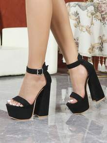 Sandalias de tacón alto de ante negro con correa, tacón grueso con plataforma, hebilla de metal y cremallera trasera - Negro - Ver 5