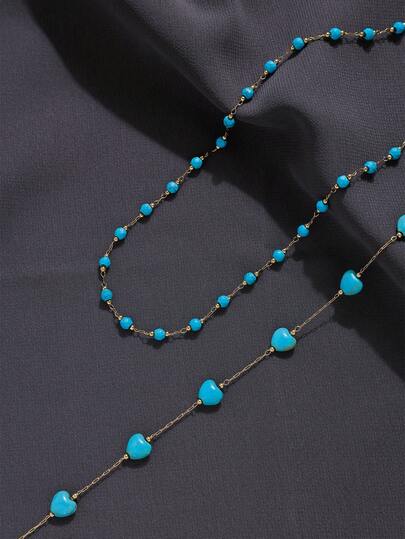 1pc Vintage Western Style Heart Shaped Turquoise Beaded Necklace, 18K Gold Plated Stainless Steel Chain, Suitable For Daily Wear And Gatherings