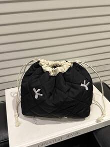 1个尼龙蝴蝶结抽绳水桶包，时尚毛绒灯笼手提包，简约绗缝刺绣菱形图案棉质单肩包 - 黑色 - 查看 10