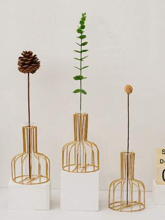 Jarrón de metal de lujo nórdico - Artesanía de hierro hueca de doble capa creativa para hidroponía, arreglo floral transparente falso/artificial/seco. Perfecto para: decoración de la sala de estar, estética de , estilismo de escritorio, regalo para una nueva casa, favor de boda, regalo de cumpleaños y regalos corporativos