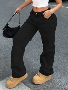 Women Casual Light Color Water-Washed Wide Leg Denim Jeans For Daily Wear - màu đen - Xem 3