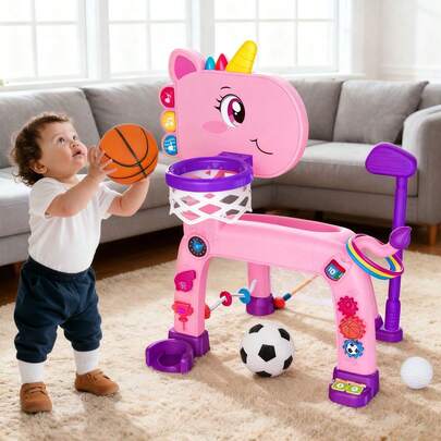 Basketball Hoop, Soccer Goal, Golf Ring Toss Game, 4-In-1 Children's Activity Center Toy, Suitable For Children Aged 1 And Up, Musical And Sporting Toy, Halloween And Christmas Gift.