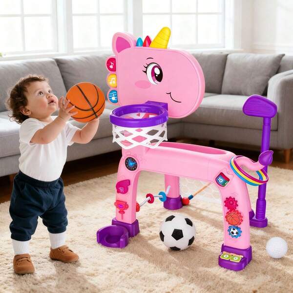 Basketball Hoop, Soccer Goal, Golf Ring Toss Game, 4-In-1 Children's Activity Center Toy, Suitable For Children Aged 1 And Up, Musical And Sporting Toy, Halloween And Christmas Gift.
