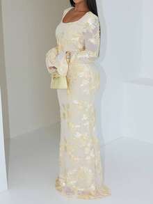 Unadoll 女士春季性感修身圆领喇叭袖裹臀提花面料优雅连衣裙，适合约会、户外活动、生日、派对、晚宴、度假、通勤、情人节等场合穿着。 - 黃色 - 查看 6