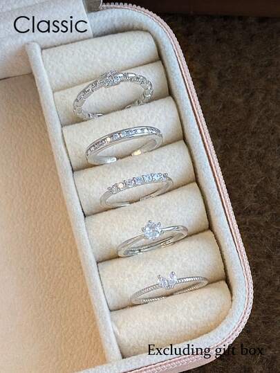 5件套奢华精致微镶锆石链条设计独特可调节铜戒指套装，适合女性日常及派对佩戴（不含礼盒）