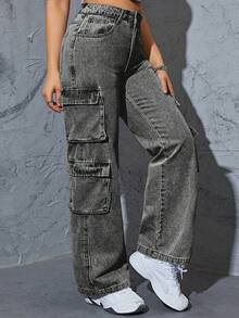 Plus Size Women's Y2K Streetwear Multi-Pocket Straight Leg Cargo Jeans Casual Spring - Light Grey - View 3