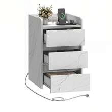 BALCONERA Bedside Table With 3 Drawers & Power Station, Nightstand End Table, Water-Resistant Storage Side Table, 35x40x59cm - - Antique White - View 8