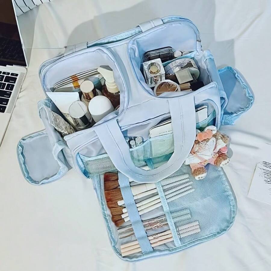 New Fashionable Women's Lightweight Travel Cosmetic Bag 4-Compartment Design Front Pocket With Two Large Mesh Pockets And Clear Bottom Storage Bag Includes Elastic Drawstring Makeup Brush Pouch Available In Four Colors - Blue - View 1