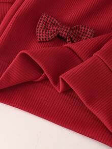 2 件套少女甜美简约 3D 蝴蝶结装饰长袖上衣和口袋牛仔裤套装，春秋 - 酒紅色 - 查看 7