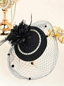 1 件装女士小礼帽，药盒帽，20 年代、30 年代、50 年代复古风格，圆顶礼帽，花朵面纱，适合婚礼、茶会等场合，迷你礼帽，德比帽，迷你小礼帽，迷你高顶礼帽 - 黑色 - 查看 5