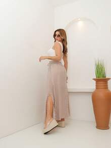 AMY FASHION STRIPED LENGTH SKIRT WITH SLIT AND BAG, THICK WAIST, 2025 FASHION - 卡其色 - 查看 5