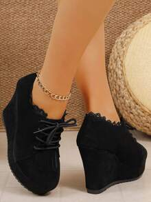 Giày cao gót đế xuồng buộc dây thời trang, đế dày mới, đơn giản, dành cho mùa xuân/thu, ngoài trời, cỡ lớn dành cho nữ - màu đen - Xem 5