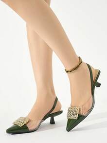 Sepatu hak rendah model slingback dengan hiasan rhinestones untuk wanita, elegan & nyaman, cocok untuk pesta formal, pernikahan, upacara di musim gugur/musim dingin, warna hijau militer, hadiah Hari Ibu. - Hijau Tentara - View 4