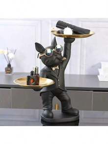 33.5CM Butler French Bulldog Statue - Resin Decor With 2 Serving Trays, Vintage Home Accent For Living Room/Bar