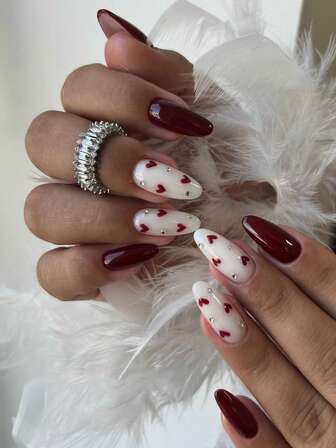 24pcs European & American Style Valentine's Day Almond White & Red Heart Pattern Nail Stickers, Includes Jelly Gel And Nail File. Upgrade Your Style With Minimalist Luxury Reusable Nail Patches, Suitable For Parties, Weddings And Daily Wear, Ideal For Nail Decoration, Nail Design, Press-On Nails, High-Quality Nail Strips And Stickers.