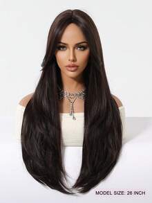 26 Inches Long Straight Layered Hair Brown Wig With Split Bangs Exquisite Sleek Enchanting High-Fashion Statement Piece Heat-Resistant Synthetic Fiber Party Wigs Suitable For Daily Party Festival And Cosplay Wigs For Women Hairstyle Christmas Wig - Dark Brown - 查看 3