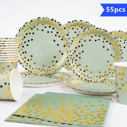 Green Base Golden Polka Dot Floral Disposable Plate, Napkin, Cup Set, Plates, Napkins And Cups Party Supplies, Serves 10 Guests, Disposable Paper Plates Party Tableware Suitable For Birthday, Wedding, Party, Family Picnic