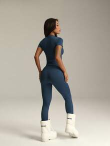 Women's Short-Sleeve Long Pants Slim-Fit Casual Activewear Set, Comfortable & Breathable, Suitable For Sports And Leisure Wear - 藏蓝色 - 查看 3