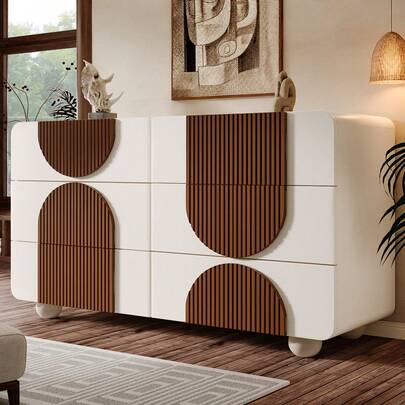 Kommode mit 6 Schubladen & geschwungenem Design, Elegantes Sideboard in Weiß mit schokoladenfarbenen Holzleisten, Leise Schiebe-Schubladen & Kippsicherung, 121x71x41 cm (B/H/T)