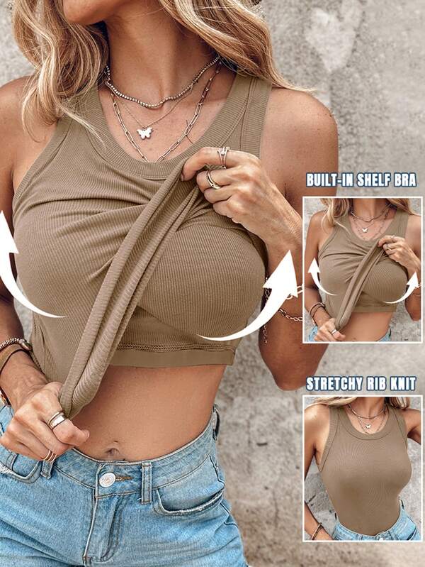 ChicMe Camiseta básica casual de mujer con top de tirantes con sujetador incorporado, cuello redondo, sin mangas, ajuste ceñido, para uso diario, trabajo, fiesta y uso urbano