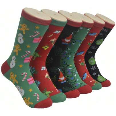 6 Pairs Women Christmas Crew Socks Bright Colorful Fancy Design Size 9-11