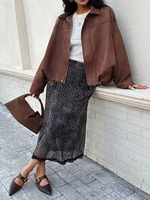 山茶花女士休闲百搭仿麂皮飞行员夹克，春秋季 - 咖啡棕 - 查看 9